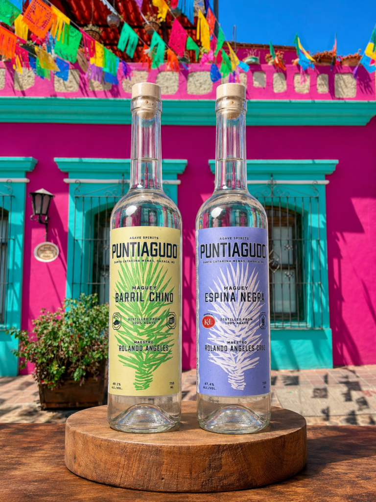 Bottles of mezcal against a lively Oaxaca background.